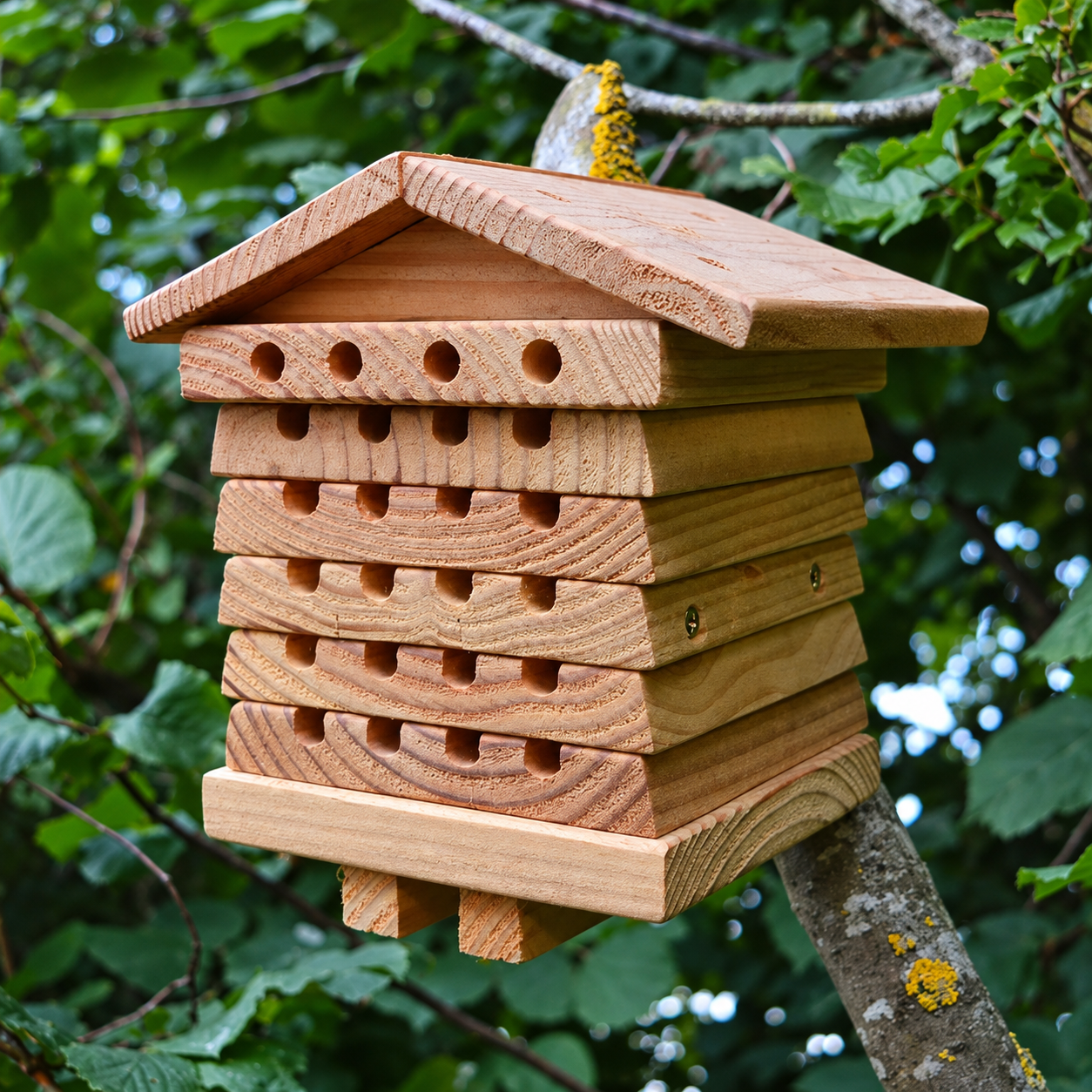 Wild Bee Hotel hanging from a tree branch in a leafy garden