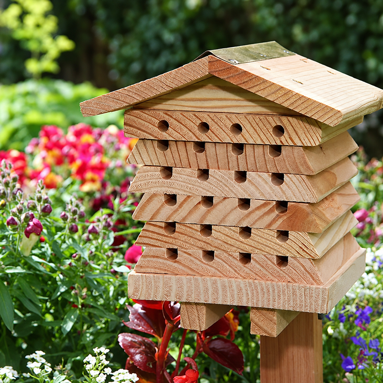 Wild Bee Hotel on a post surrounded by summer flowers