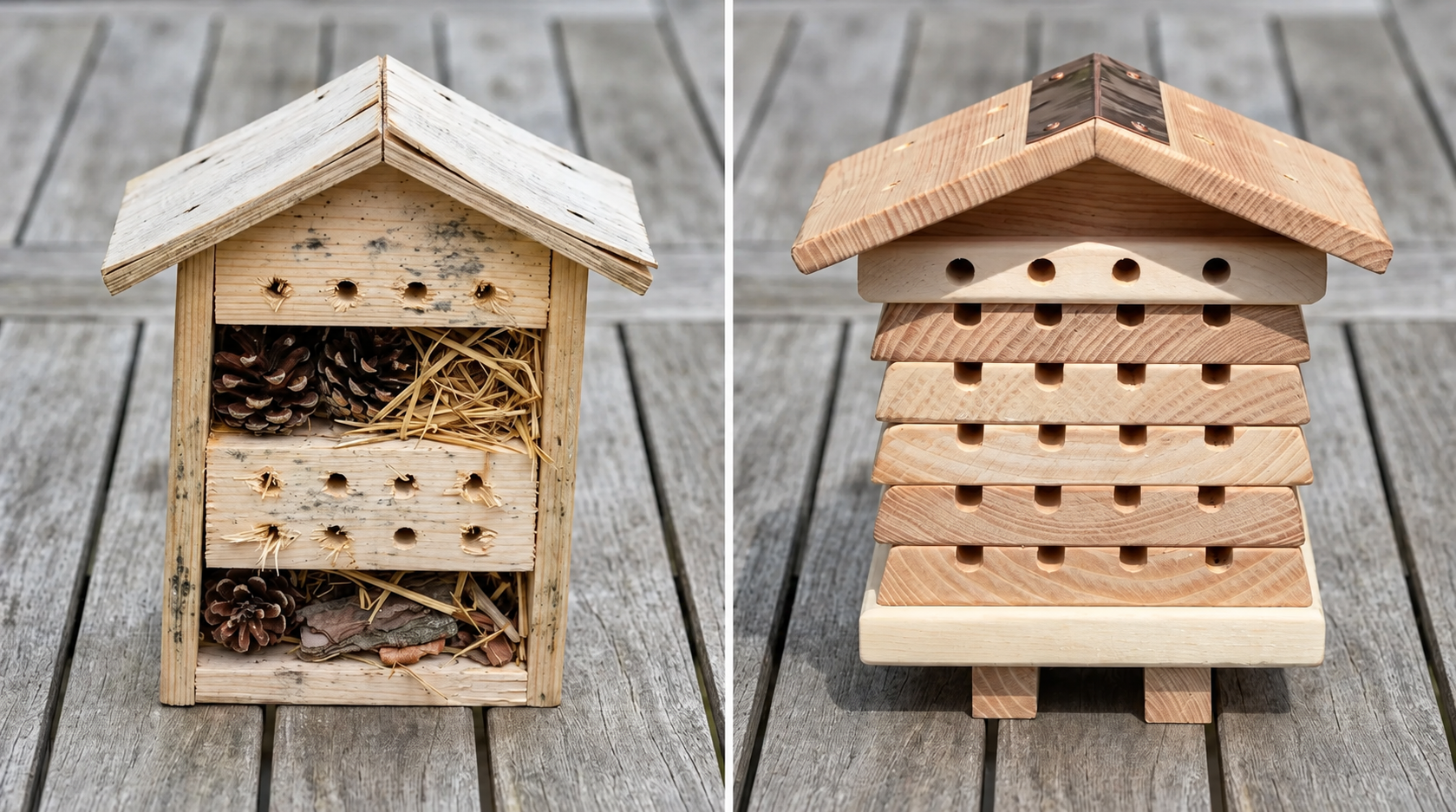 A cheap bamboo insect box next to the Wild Bee Hotel for comparison