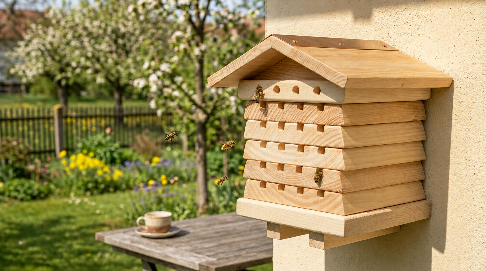 Wild Bee Hotel fixed to a house wall above a garden table